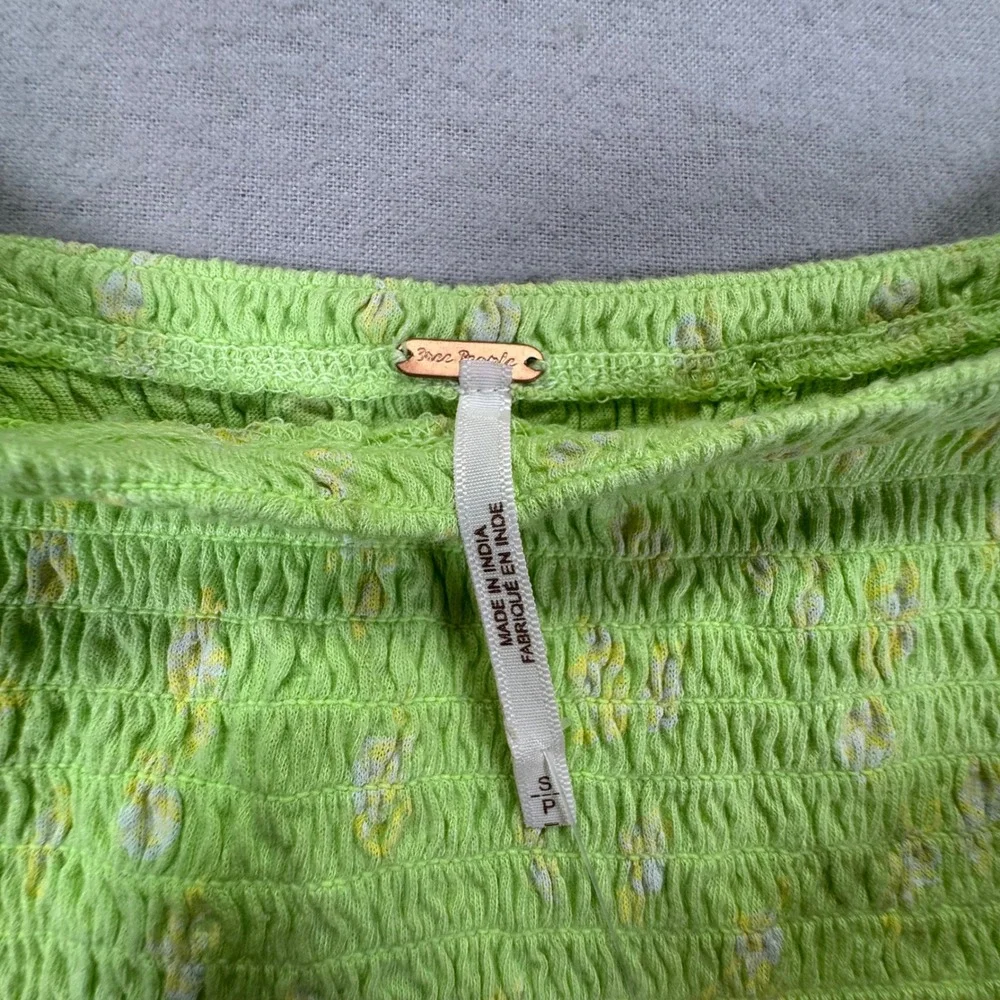 Free People Womens Top Slim Lime Green‎ NWT Smocked Floral Bell Sleeve S